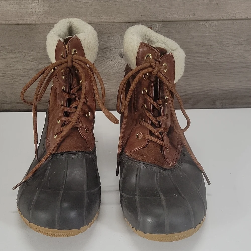 Toomy Hilfiger Brown Leather Lace-Up Winter Duck Boots Sz 8